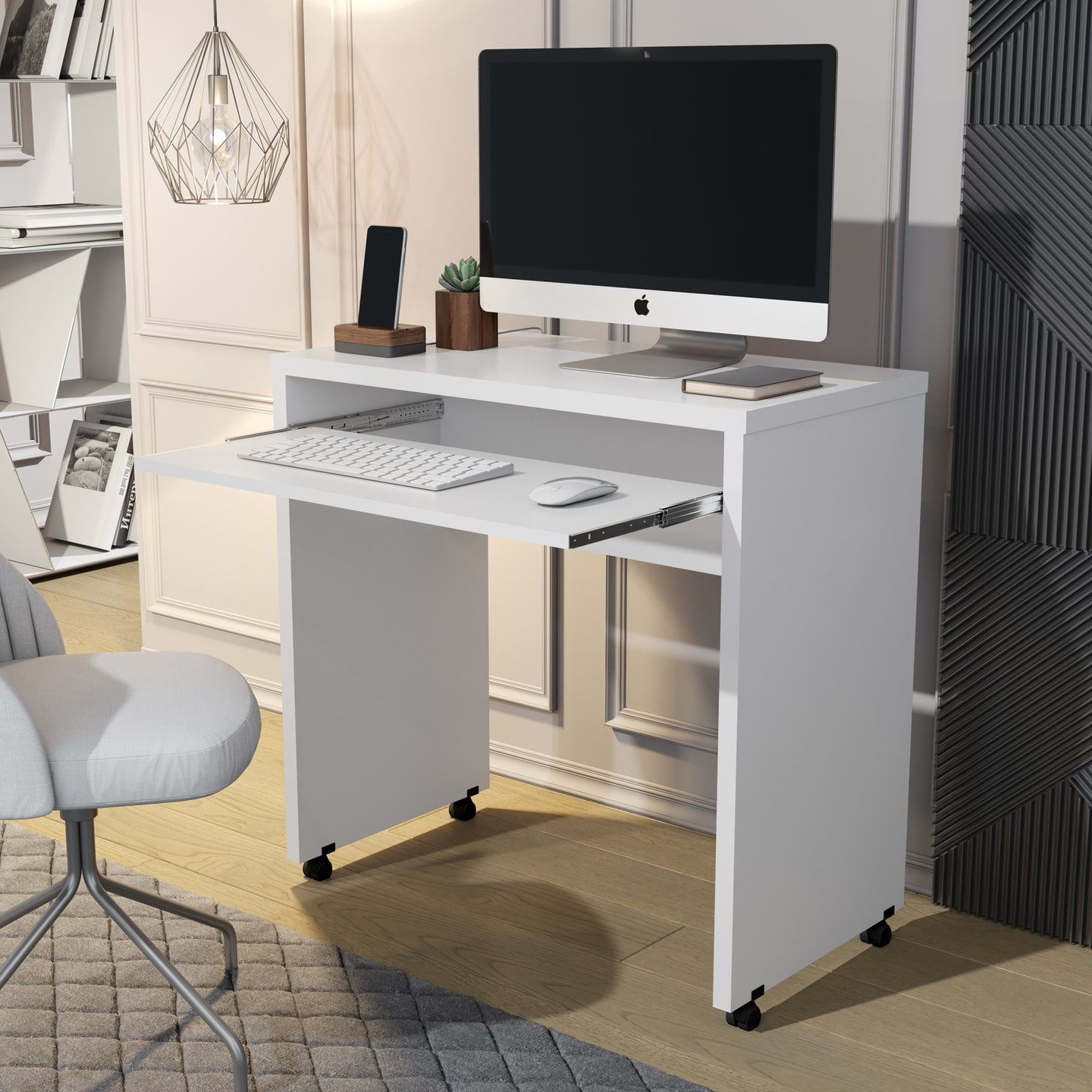 Boahaus Kyoto Mobile Computer Desk, White, Keyboard tray