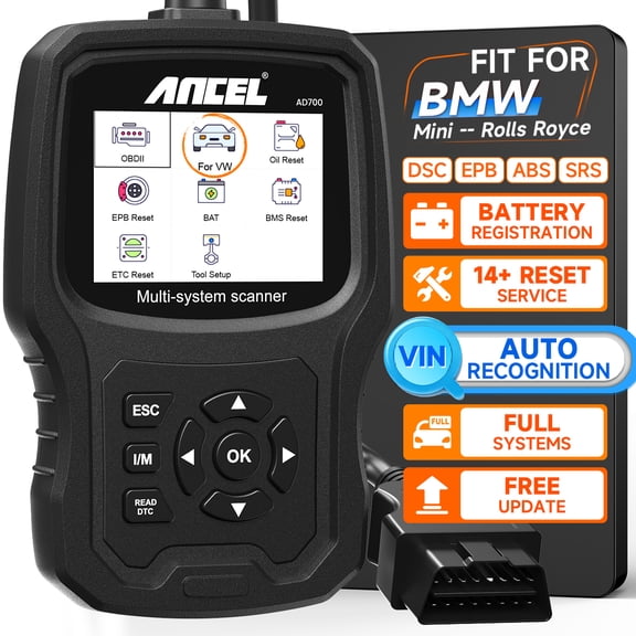 ANCEL AD700 OBD2 Scanner Full System Diagnostic Code Reader, Ba-ttery Registration Tool, Advanced Auto VIN, Lifetime Free Update, Fit for BMW/Mini/RR
