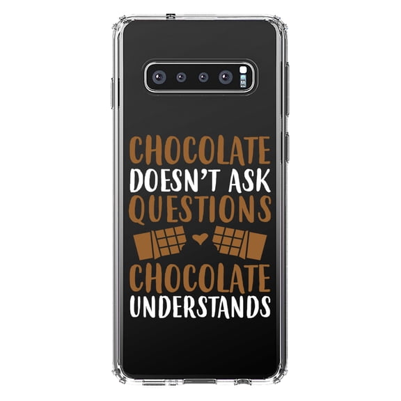 DistinctInk Clear Shockproof Hybrid Case for Samsung Galaxy S10  PLUS (6.4" Screen) - TPU Bumper Acrylic Back Tempered Glass Screen Protector - Chocolate Doesn't Ask Questions Understands