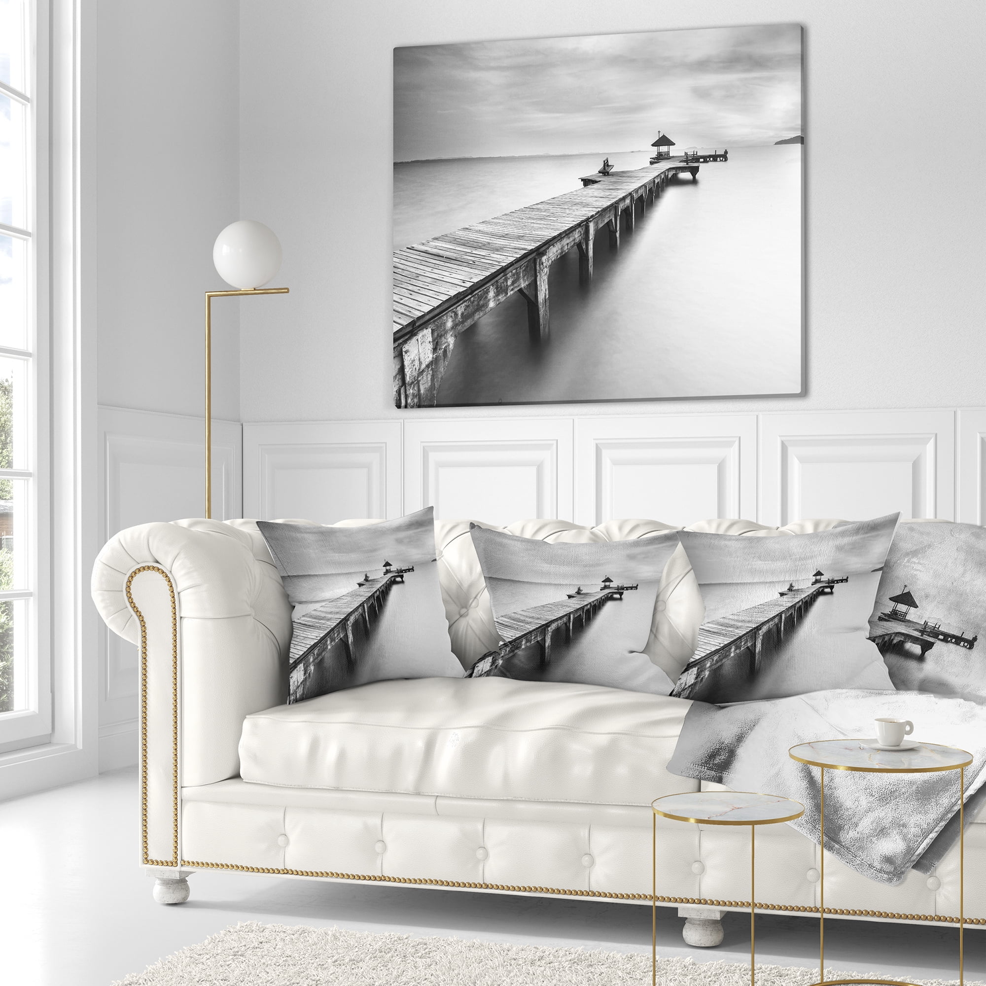 Designart Wooden Sea Bridge - Seascape Photography Throw Pillow - 16x16