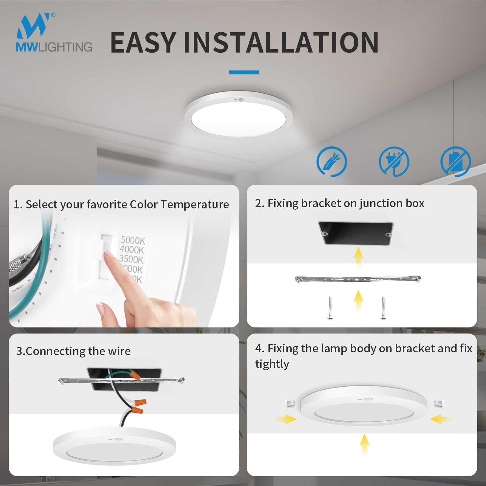 Motion Sensor Ceiling Light Indoor Wired PIR, 2700/3000/3500/4000/5000K, LED Closet Lights Motion Sensored 7 in,12W, Timer, Motion Activated Flush Mount Ceiling Light for Hallway,Pantry