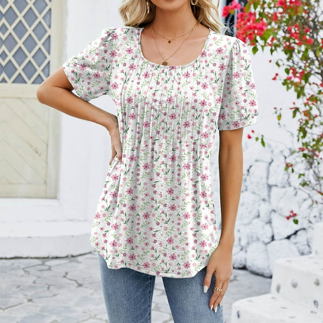 T-Shirt à Col Rond Floral pour Femmes Coupe Ample Manches Courtes Décontracté pour Usage Quotidien