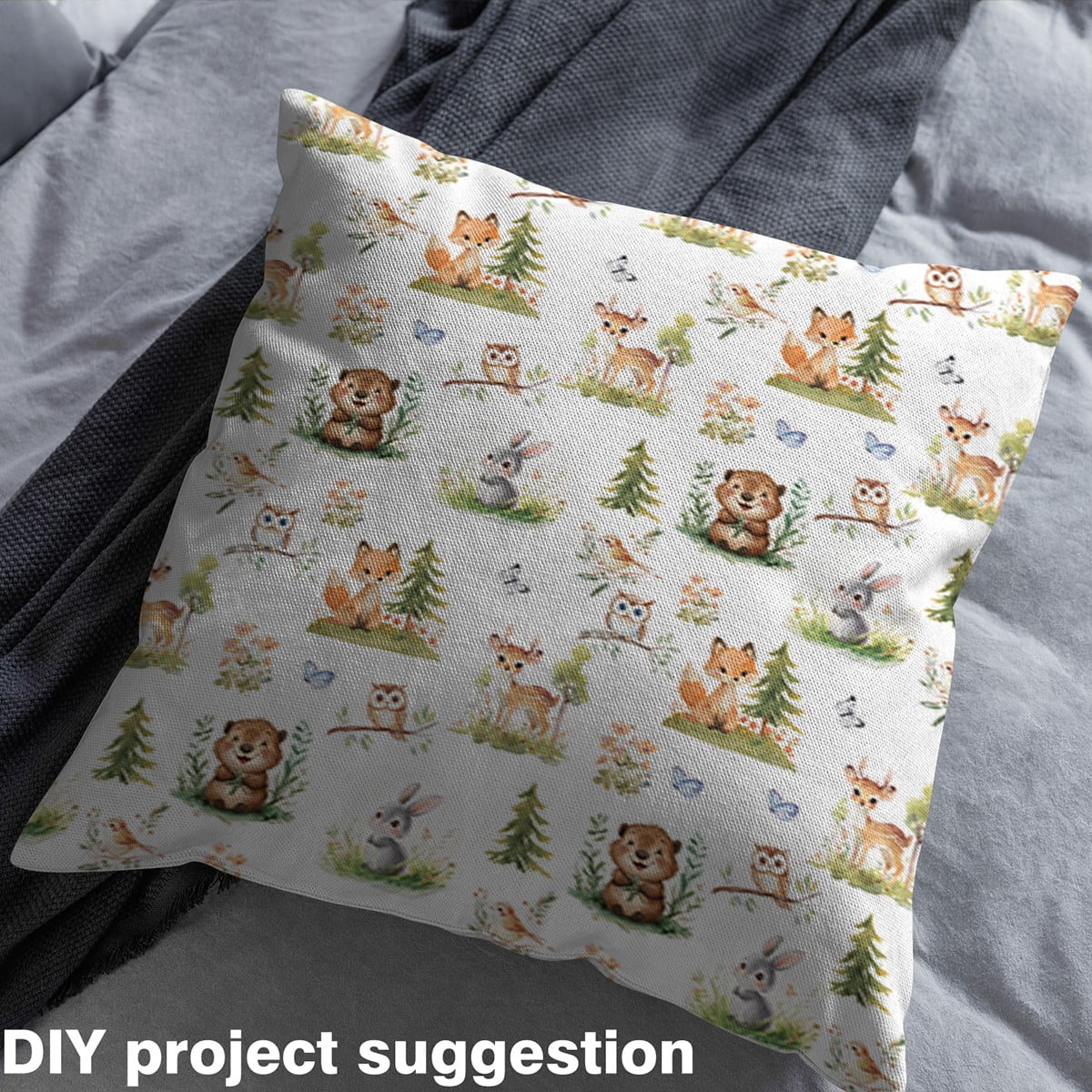 Manfei Kids Cute Animals Sewing & Crafting Fabric (2 Yards), Cartoon Owl Fox Deer Home Decor Fabric by the Yard, Rabbit Bird Butterfly DIY Fabric