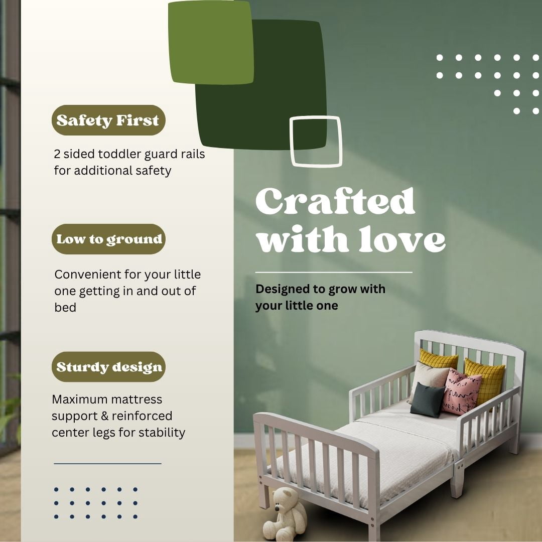 Fizzy Baby Classic Toddler Bed with Rails Wooden Beds for Kids, White