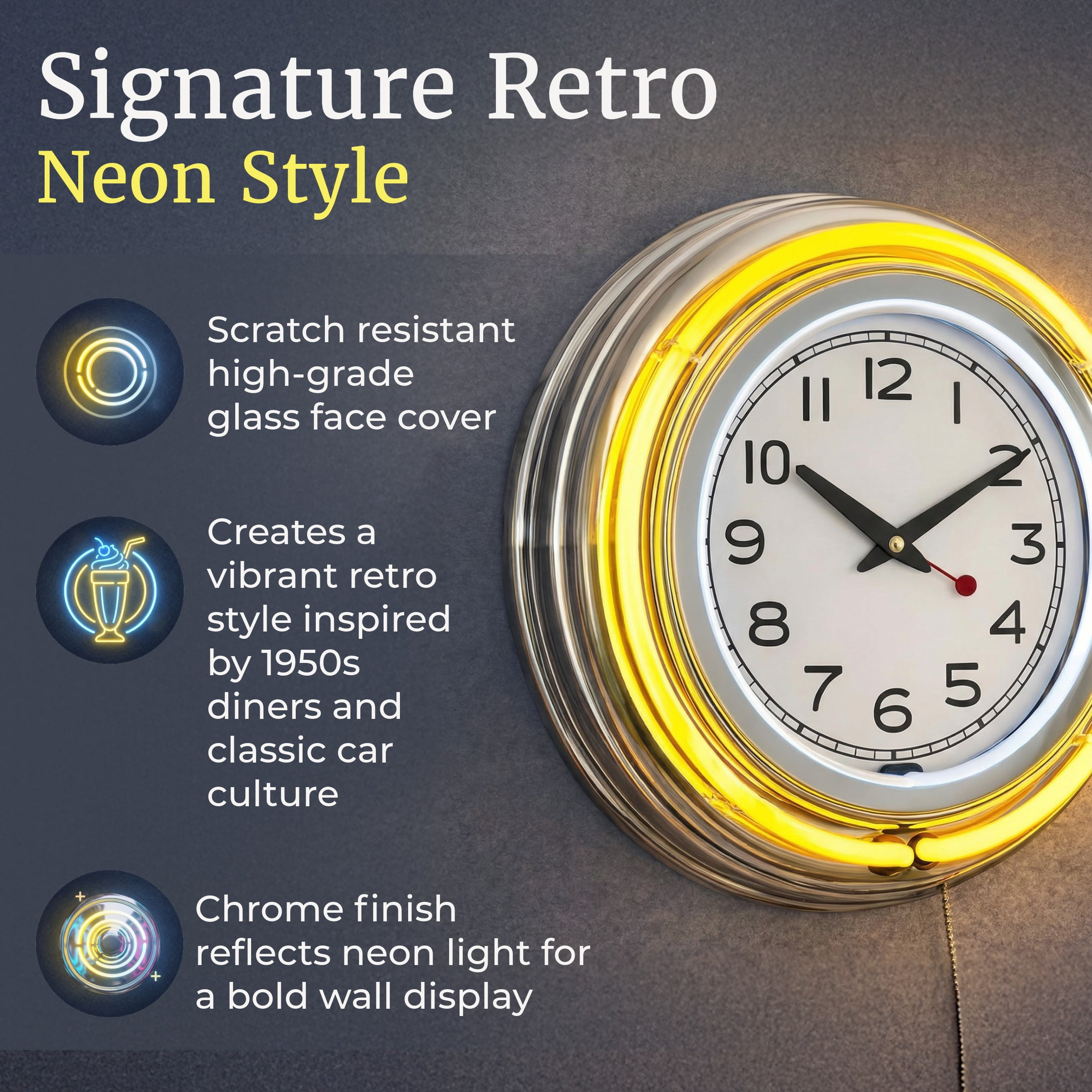 Lavish Home Neon Wall Clock, 14" Round with Double Light Ring, Yellow Retro Décor