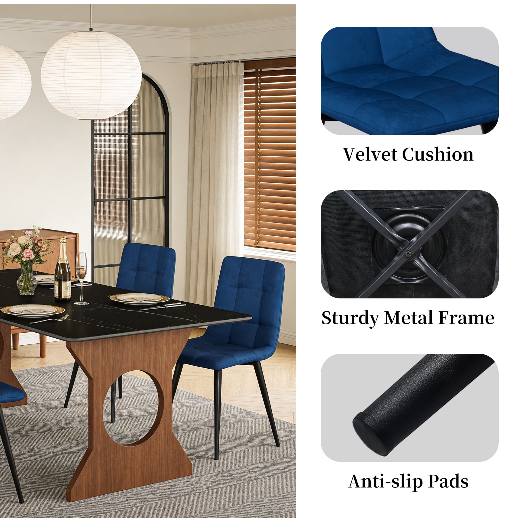 SHGJ&SOFT 360° Swivel Velvet Upholstered Dining Chairs Set of 4, Mid Century Modern Accent Chairs with L-Shaped Backrest, Adjustable Metal Legs for Kitchen Living Room(Blue1, 4pc)