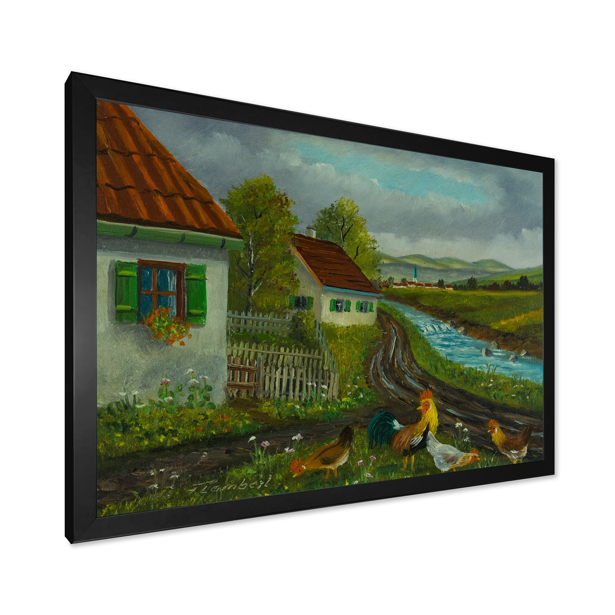 Designart 'A Cock and Three Chickens In A Meadow With Flowers' Farmhouse Framed Art Print
