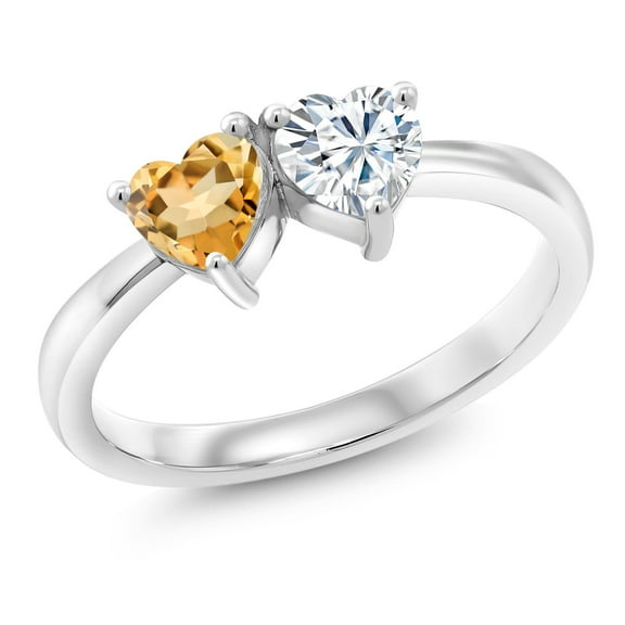 Gem Stone King 925 Sterling Silver Fashion Right-Hand Ring Heart Shape Yellow Citrine and Moissanite (0.88 Cttw, Size 5)