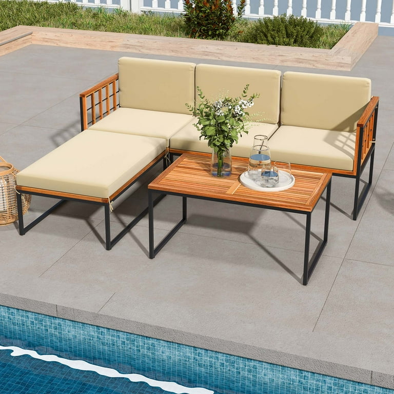 Costway 5 PCS Patio Furniture Set Acacia Wood Sectional Set with Seat Back Cushions