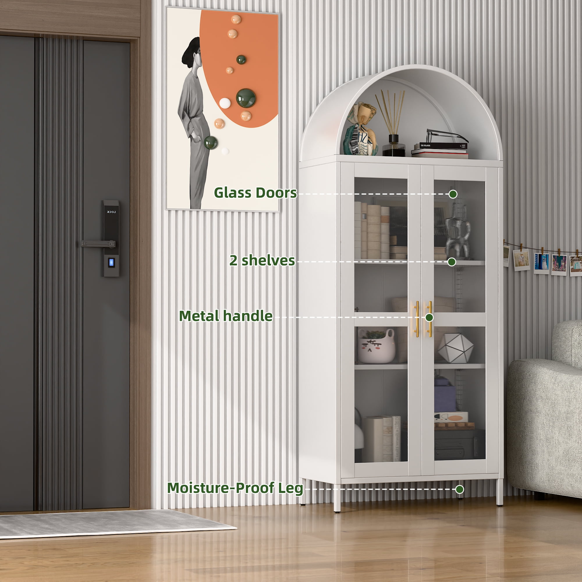 GangMei 73" Tall Metal Arched Cabinet, Kitchen Pantry Cabinet with Glass Door, Modern Farmhouse Display Cabinet with 2 Adjustable Shelves for Dining Room and Living Room, White, Assembly Required