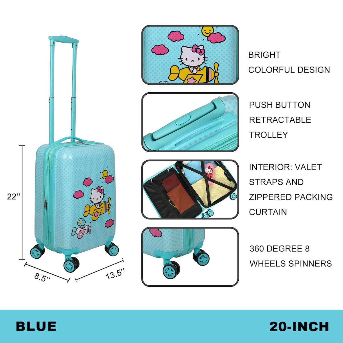Hello Kitty Airplane 20" Carry-On Luggage With Wheels And Retractable Handle
