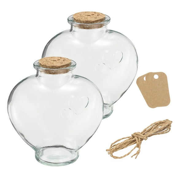 Unique Bargains 2 Pcs 18 oz/600ML Heart Shaped Clear Glass Jars with Cork Lid with Twine and Blank Tags for Halloween Decorations