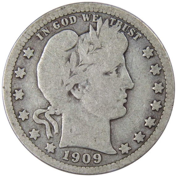 1909 Barber Quarter G Good 90% Silver 25c US Type Coin Collectible