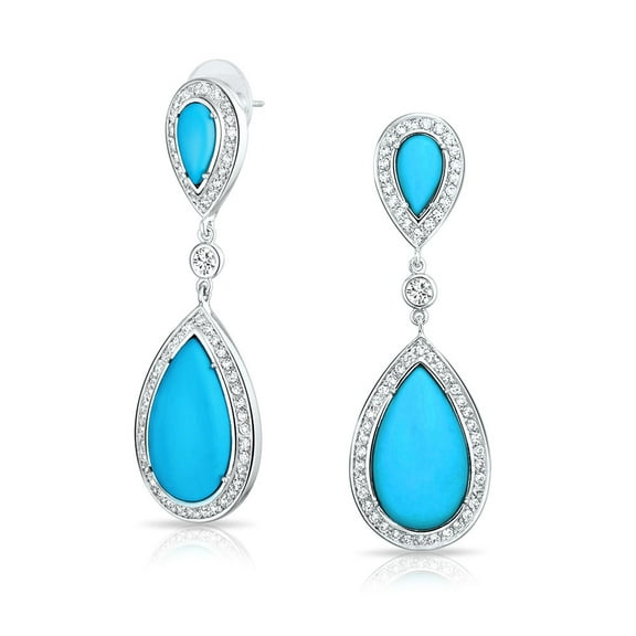 Bling Jewelry Womens Blue Pear CZ Halo Turquoise Dangle Chandelier Earrings