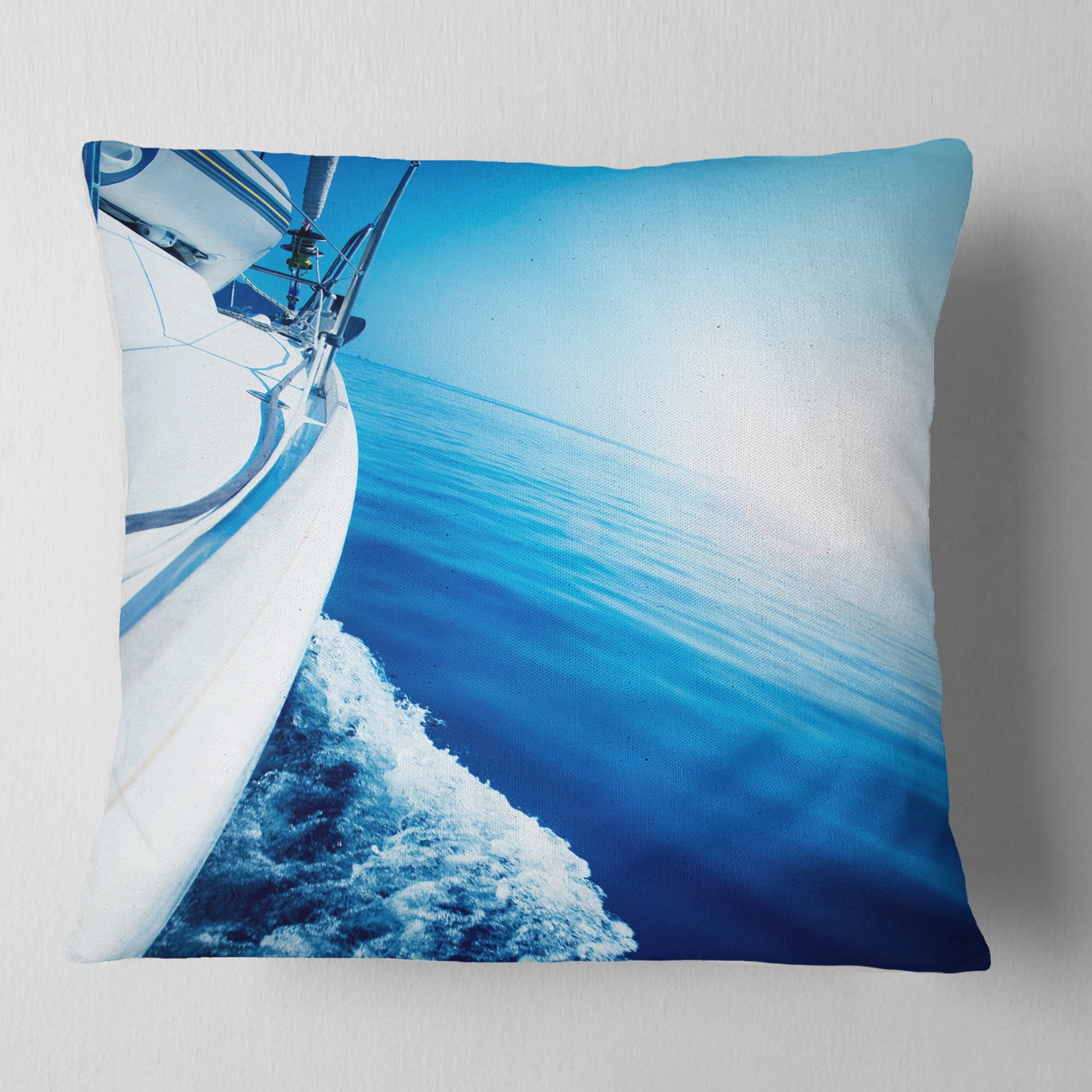 Designart Luxury Yacht Sailing in Blue Sea - Seashore Throw Pillow - 18x18