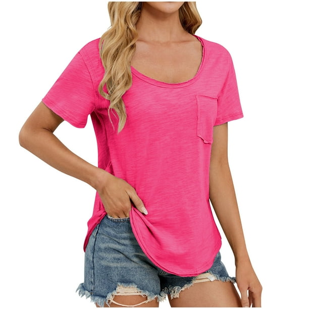 Top de Manga Corta de Cuello en V de Color Sólido de las Mujeres con Bolsillo, Blusa Casual de Poliéster Ligero