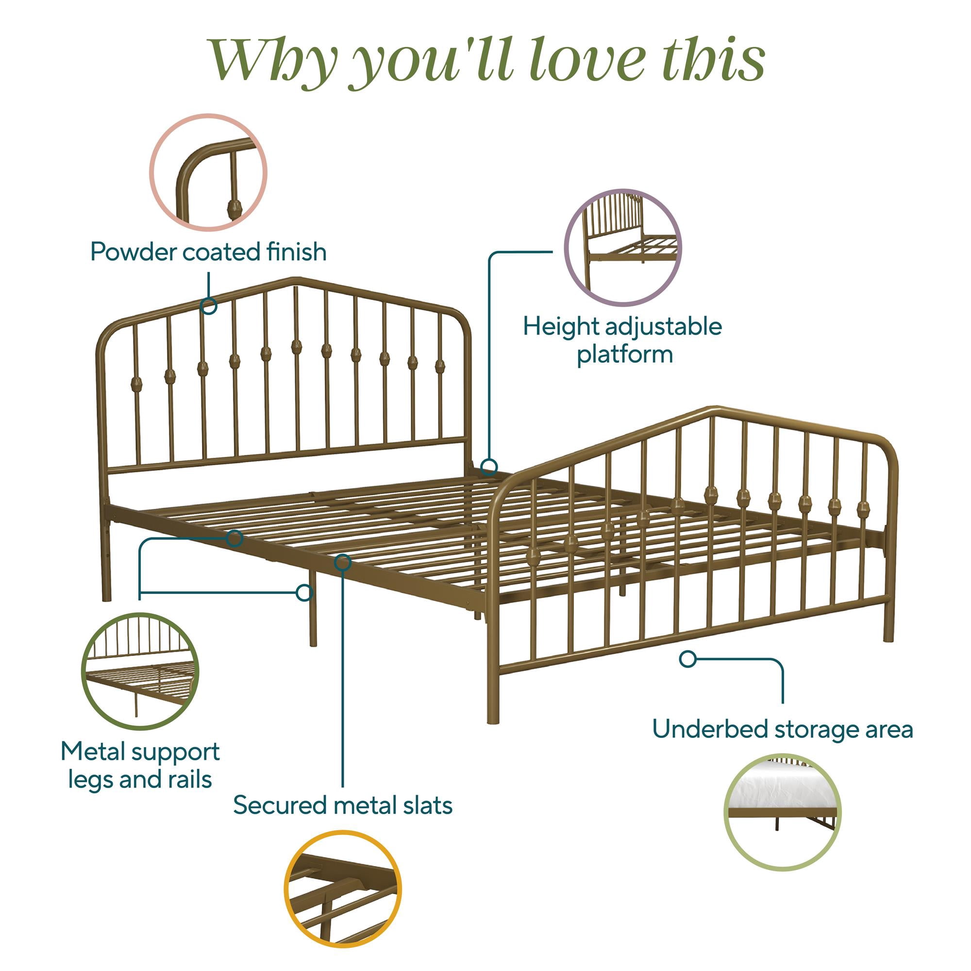 Novogratz Bushwick Metal Bed, Full, Gold