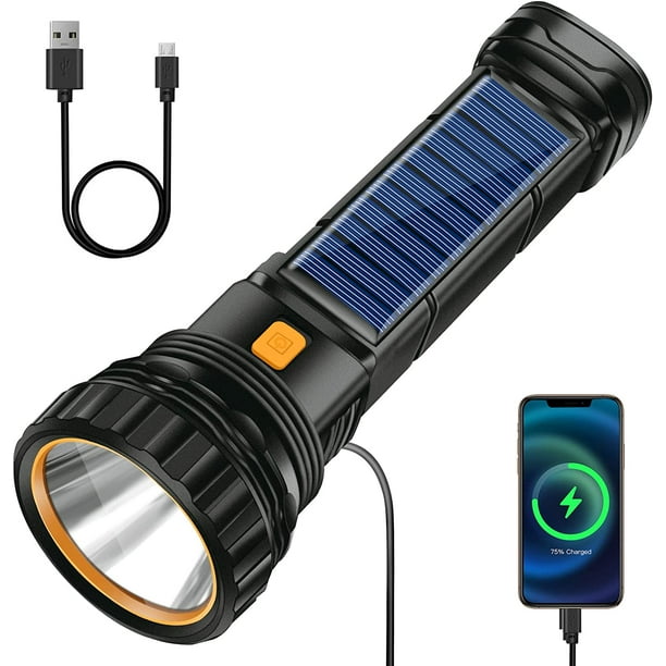 Antorcha Linterna LED Linterna solar, Linterna recargable de 1200 mAh, Linterna con cargador USB, Linterna IPX4 a prueba de agua 3 modos de luz para acampar Senderismo Emergencia [Clase de eficiencia TUNC Sencillez