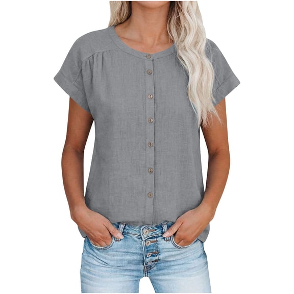 HOMBOM Womens Summer Shirts Cotton Linen Tunic Tops Crewneck Button Soft Solid Color T Shirts for Ladies Short Sleeve