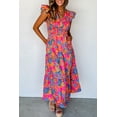 thumbnail image 2 of Women's Rose Red Boho Floral V Neck Ruffle Tiered Long Dress, 2 of 8