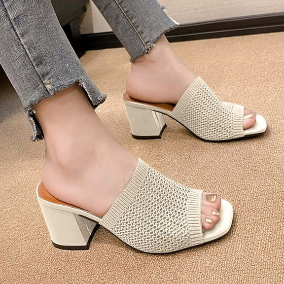 Bxsruta Knit Mule Heeled Slippers, Breathable Spring Summer Footwear with Supportive Thick Heel & Open Toe