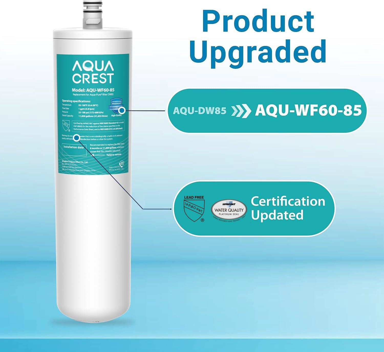 AQUA CREST DW85 Under Sink Water Filter, Replacement for Aqua-Pure® AP-DW85, 5584408, AP-DWS700, Cuno CFS8112, CFS8812X-S, CFS8720, KOHLER K-201-NA, KOHLER K-202-NA, Model No.WF60-85