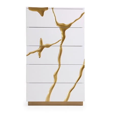 5 Drawer Wooden Chest with Painted Accents  White and Gold