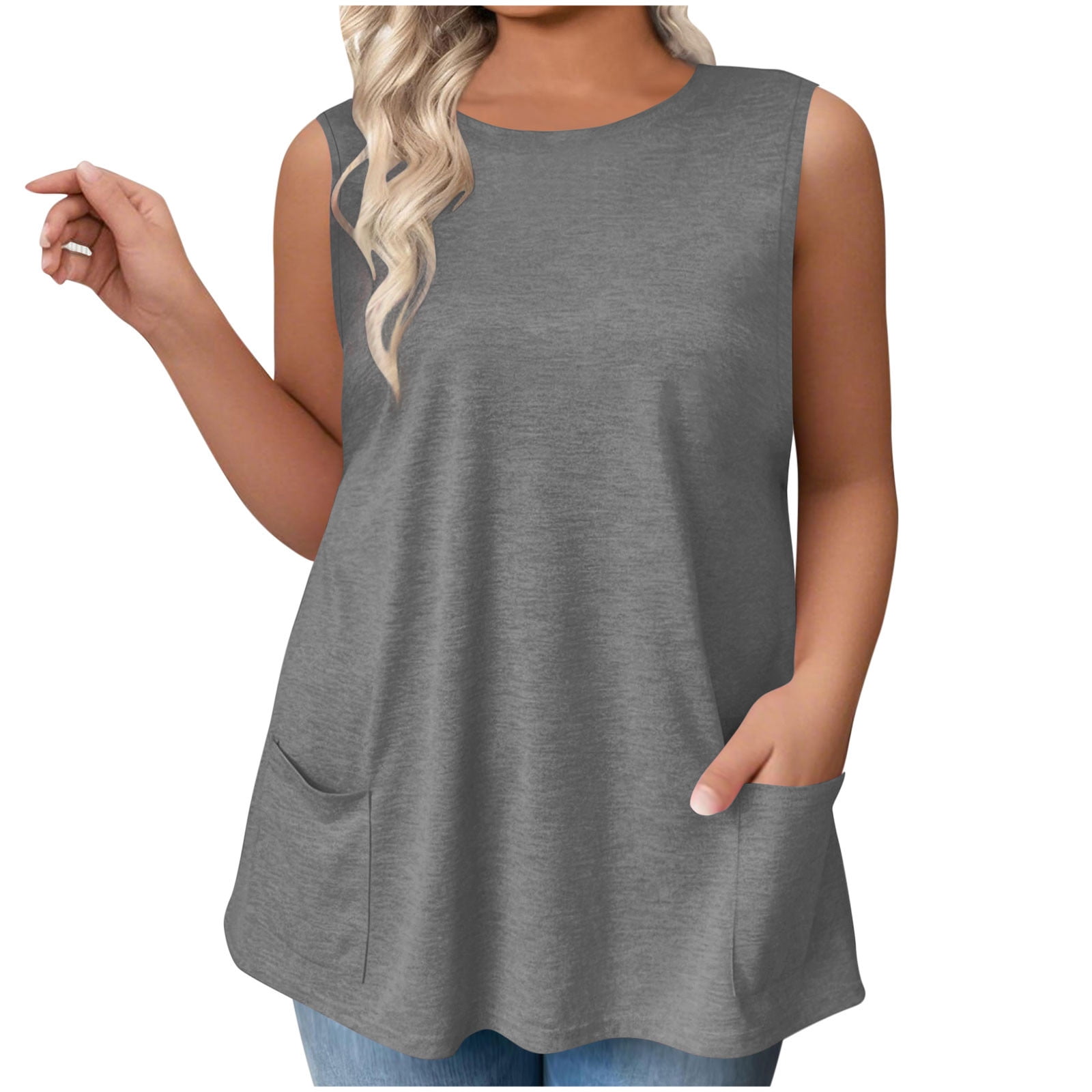 2 Pack ylioge L-4X Womens Plus Size Tank Tops with Pockets Sleeveless Crewneck Vests Ladies Casual Solid Color Loose Pullover Going-Out Loungewear Cami Top
