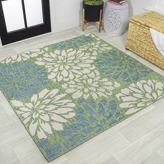 JONATHAN Y SANTA MONICA 9' Square Area Rug, Zinnia Floral Textured Weave - Cream/Green, SMB110D-9SQ