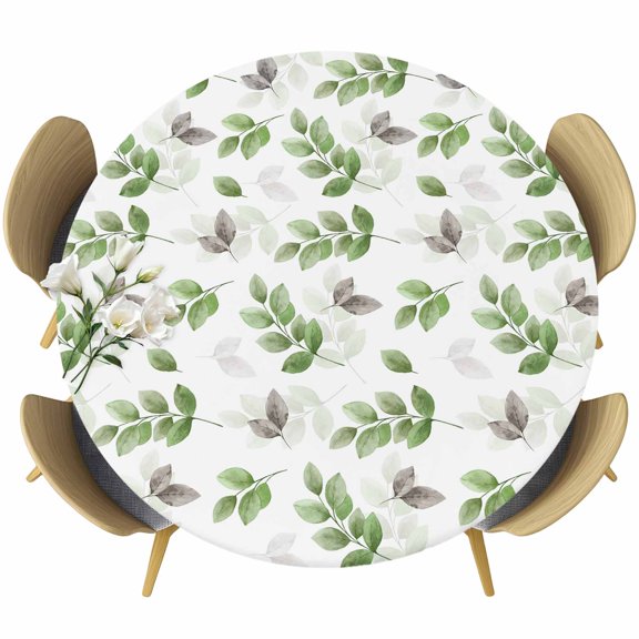 Green Botanical Fall Table Cloth, Round Fitted Tablecloths with Elastic Edge, Pastoral Maple Leaf Autumn Wipeable Waterproof Table Cover for Kitchen Wedding 55-60 Inches
