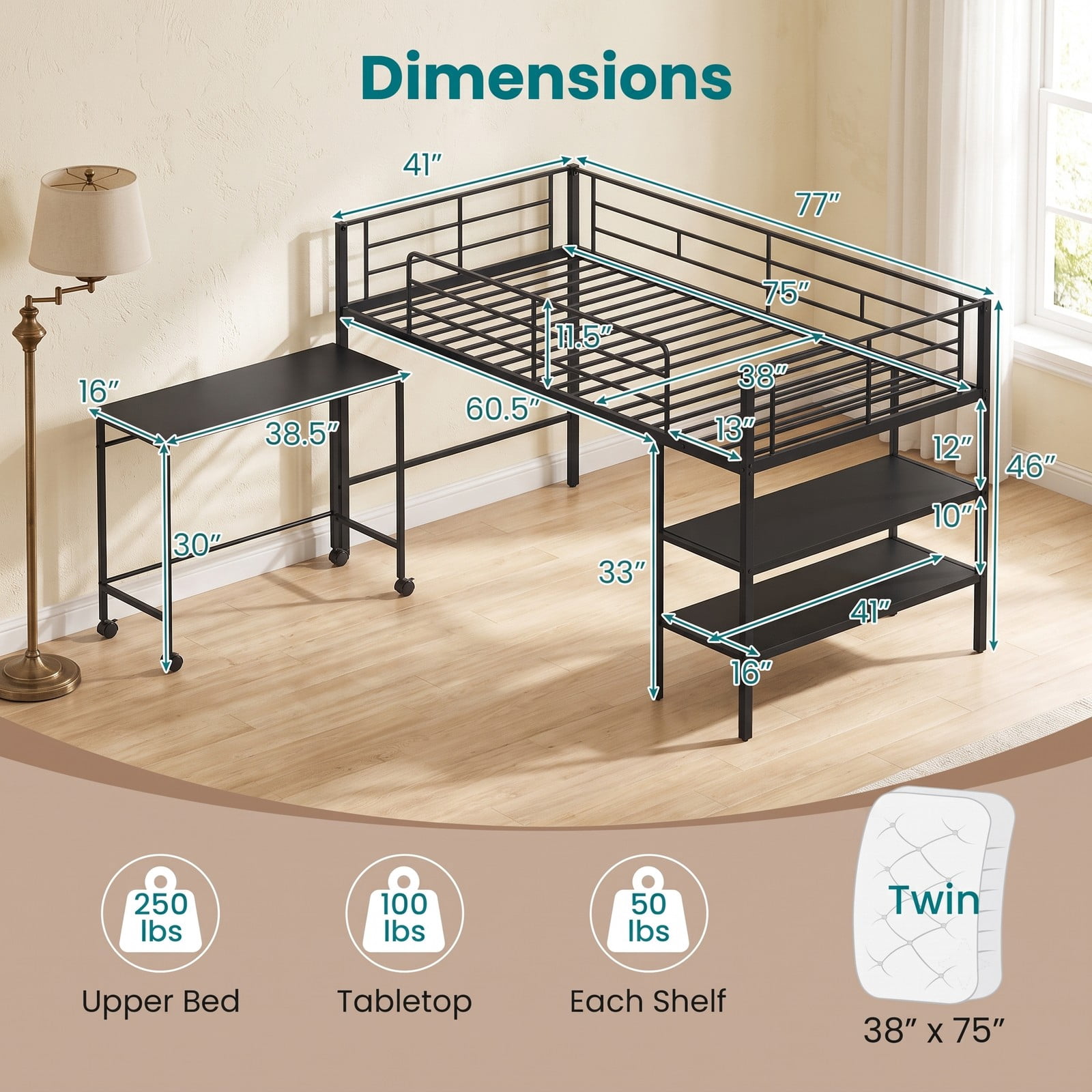 Furnibear Twin Size Loft Bed with Rolling Desk and Bookshelf for Home Office Bedroom, Space-Saving Metal Loft Bed Frame with Ladder, Black