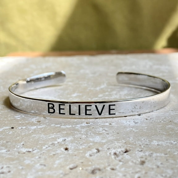 Sterling Silver Polished "Believe" Script Open Cuff Bangle Bracelet