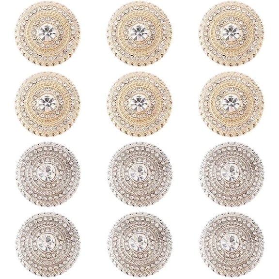 12PCS 2 Style Rhinestone Metal Button 0.8 inch Flat Round Alloy Buttons Sew on Clothing Buttons Silver Gold Flatback Button Embellishments with 1-Hole for DIY Craft Decor