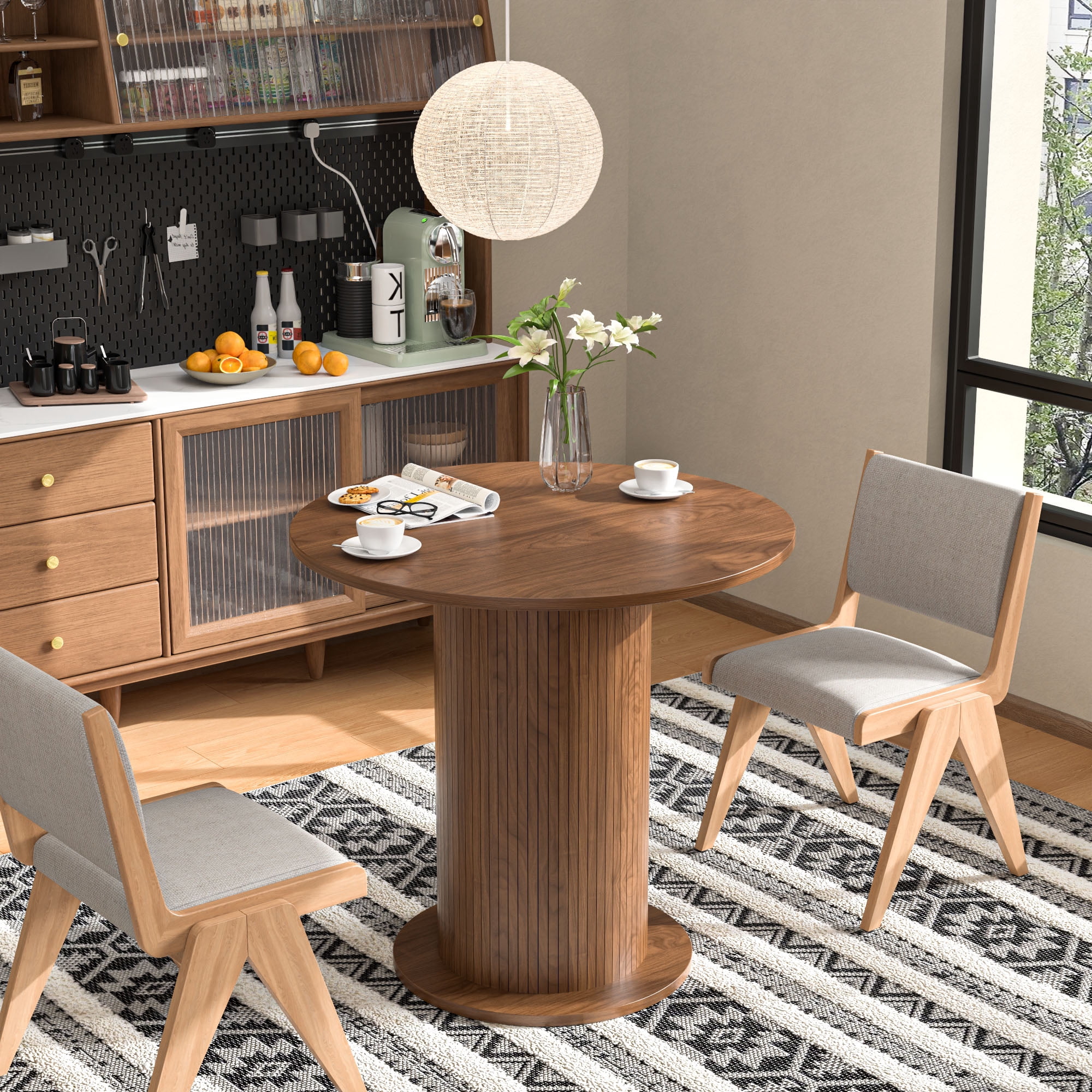 Modern Farmhouse Round Dining Table, Wood Kitchen Table for 2, Small Circle Dining Tables, Walnut