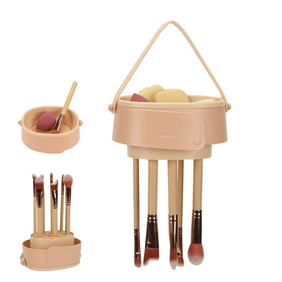 Makeup Brush Cleaner Mat,3 KEF16 in 1 Upgraded Silicone Makeup Brush Cleaner Cosmetic Brush Cleaner Makeup Brush Scrubber Bowl for Cleaning, Organizer And Upside Down Drying(Khaki)