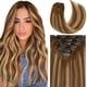 thumbnail image 1 of Caliee Balayage Marrón chocolate y rubio caramelo con raíces marrones Extensiones de cabello con clip de 18 pulgadas Cabello humano Liso sedoso 4.23 oz Doble trama Clip en cabello, 1 of 1