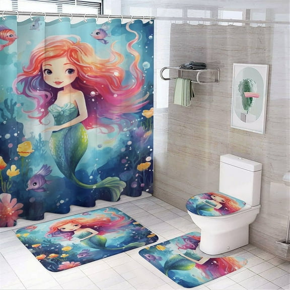 Mermaid Shower Curtain Set Waterproof Bathroom Toilet Seat Cover Bath Non-slip Mat Rug Carpet Bath Decor