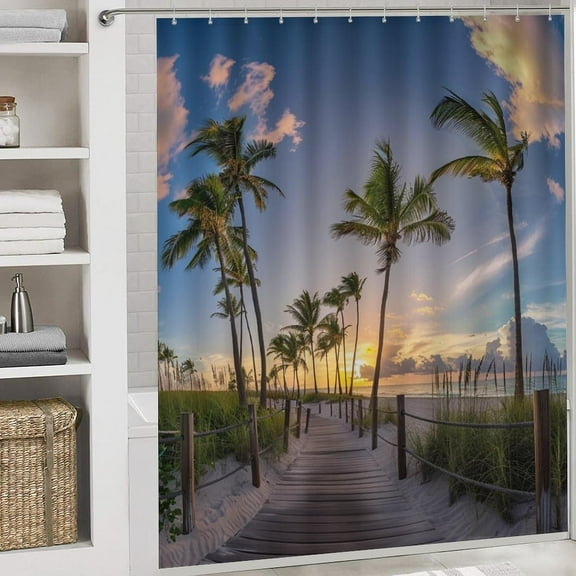 4Pcs Tropical Sea Coastal Shower Curtain Set with Rugs, Toilet Lid Cover and Bath Mat, Nautical Palm Tree Beach Bathroom Curtains Decor Shower Curtains, 72" x 72"