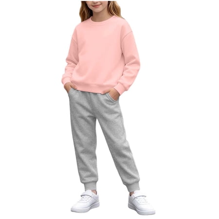 BXJX Girls Cotton Outfit Sets Fleece-lined Long Sleeve Warm 2 Piece Sweatshirts and Joggers Sets Dark Gray Size 7-8 T