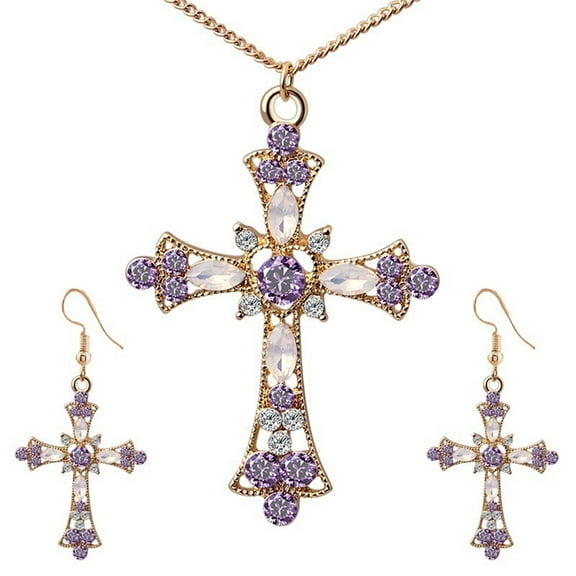 SPRING PARK Rhinestone Upside Down Cross Rhinestone Inlaid Pendant Necklace Women's Earrings Jewelry Set