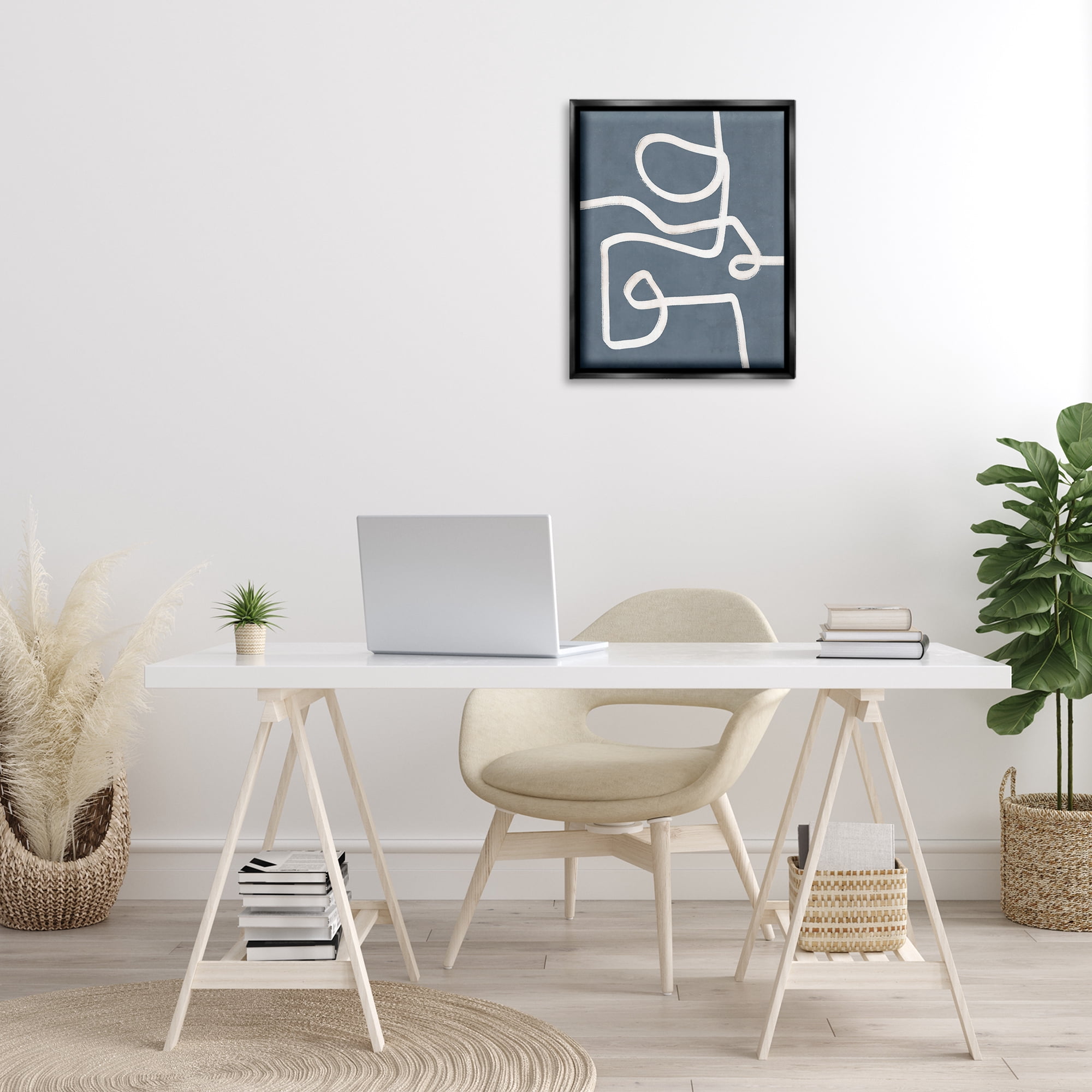 Stupell Industries Free Line on Blue Abstract Painting Black Floater Framed Canvas Art Print Wall Art, 17 x 21