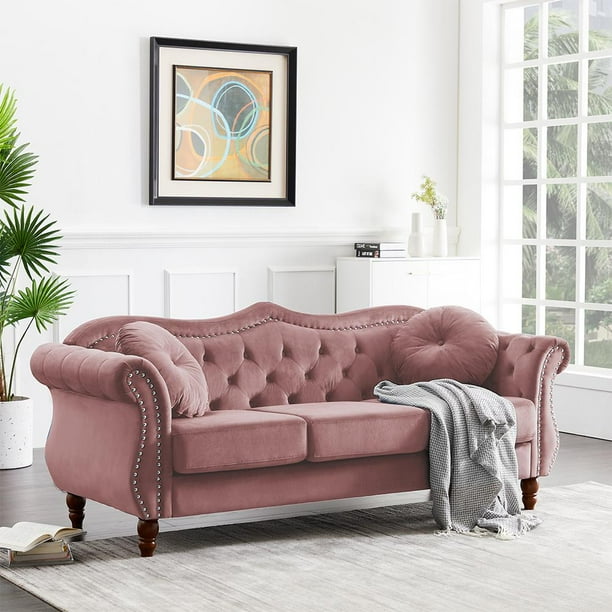 Rose Pink Velvet Chesterfield Tufted Loveseat Lounge, 80.7'' Rolled Arm