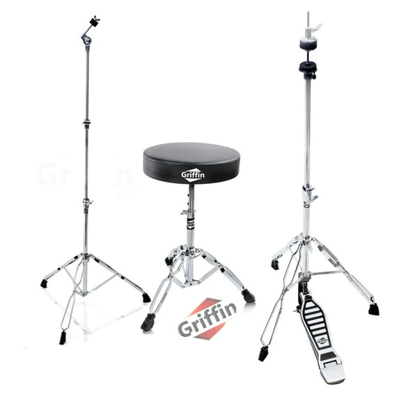 Griffin Drum Hardware 3 PACK - Hi-Hat Stand, Drummers Throne Seat & Straight Cymbal Stand Deluxe Chrome Slip-Proof Gear Holder Percussion Set for Mounting Medium-Duty Crash, Ride & Splash Cymbals