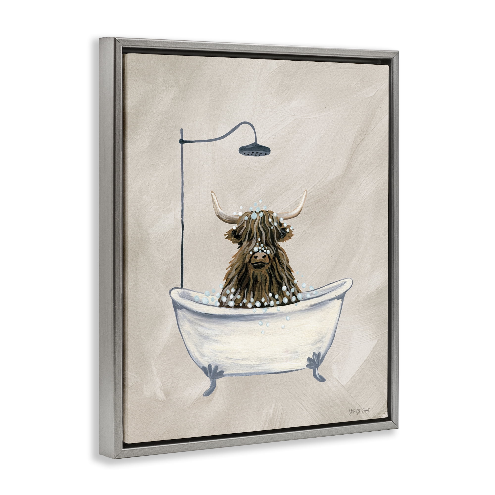 Stupell Industries Highland Cow Bubble Bath Typography Painting Gray Floater Framed Canvas Art Print Wall Art, 17 x 21