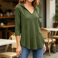 thumbnail image 4 of Women's Plus 3/4 Sleeve Tunic Tops Drawstring Hoodie V Neck Loose Fit Curved Hem Hooded Shirts to Wear with Leggings Fall Casual Outfits, Army Green, L, 4 of 10