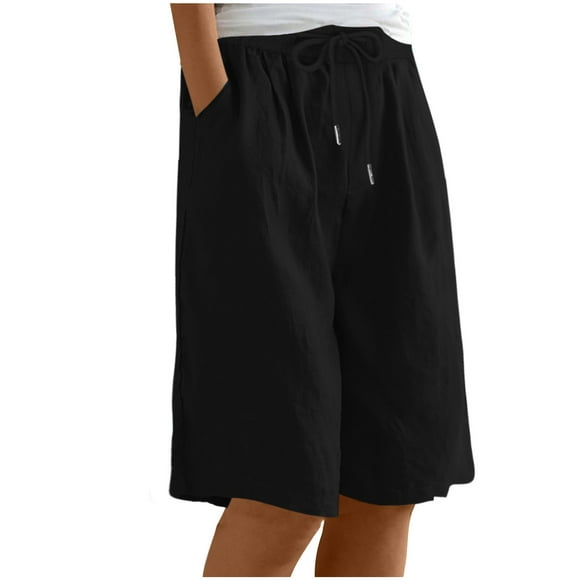 hotojiny Bermuda Shorts for Women Plus Size Summer Casual Beach Trendy Shorts Knee Length Elastic Waist Drawstring Comfy Shorts