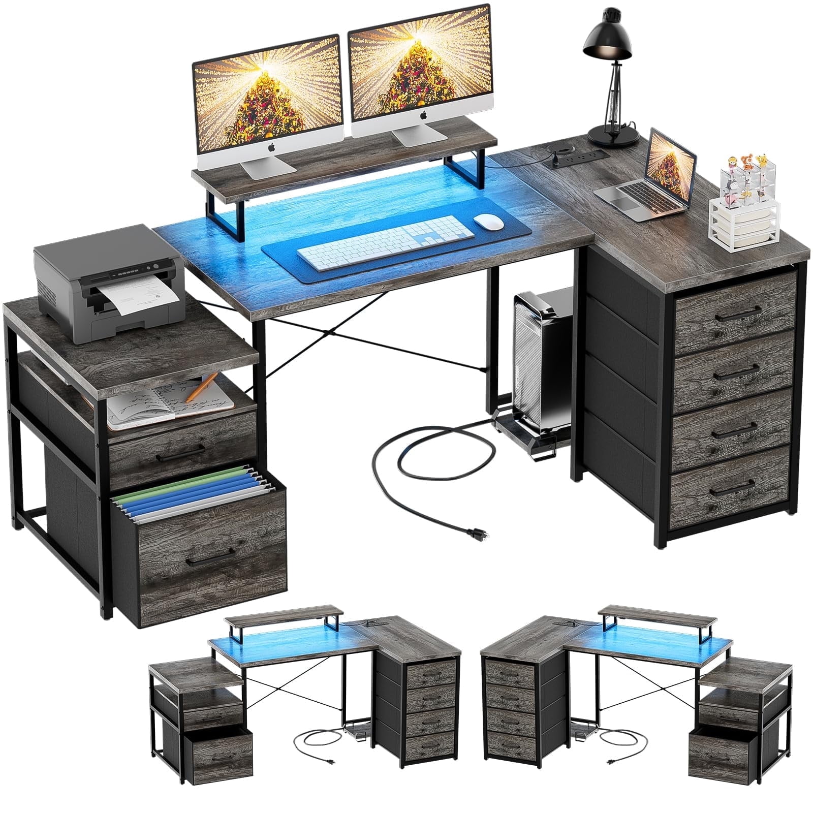 Homieasy Reversible L Shaped Computer Desk with Fabric File Drawers, 70.8" Large Office Desk with RGB LED Lights & Power Outlets & Monitor Stand & CPU Stand, Sturdy Corner Gaming Desk, Black Oak