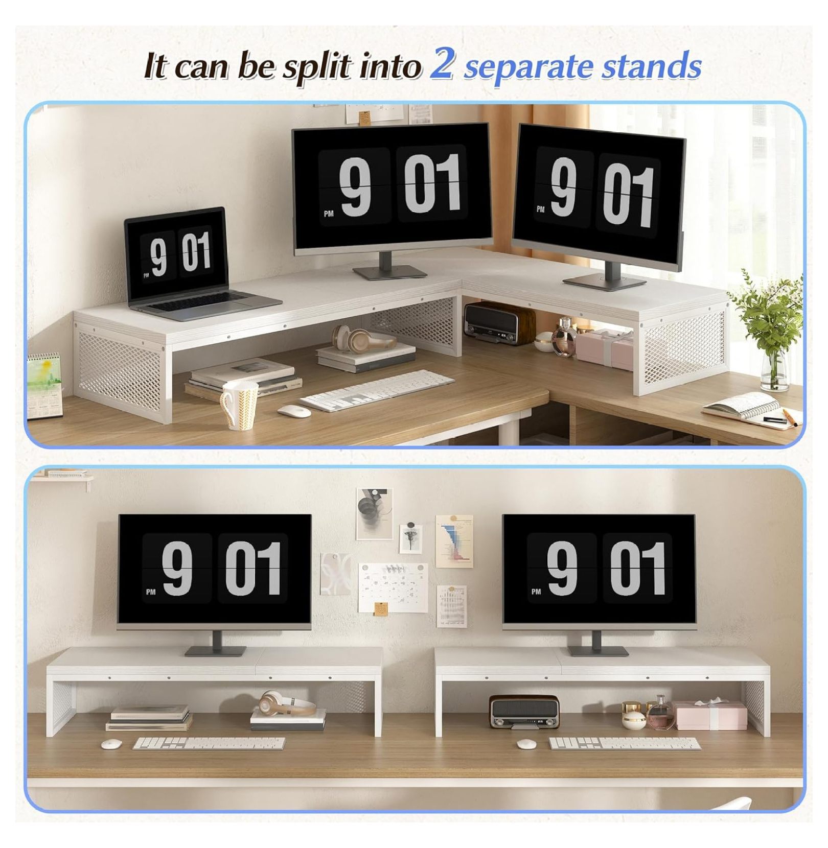 55.2" Computer Monitor Stand, Desk Shelf for Top of Desk for 3 * 23" Monitors/Laptop Computer/PC/Printers, TV Riser for 65 60 55 Inch TV for Bedroom Home Office, White