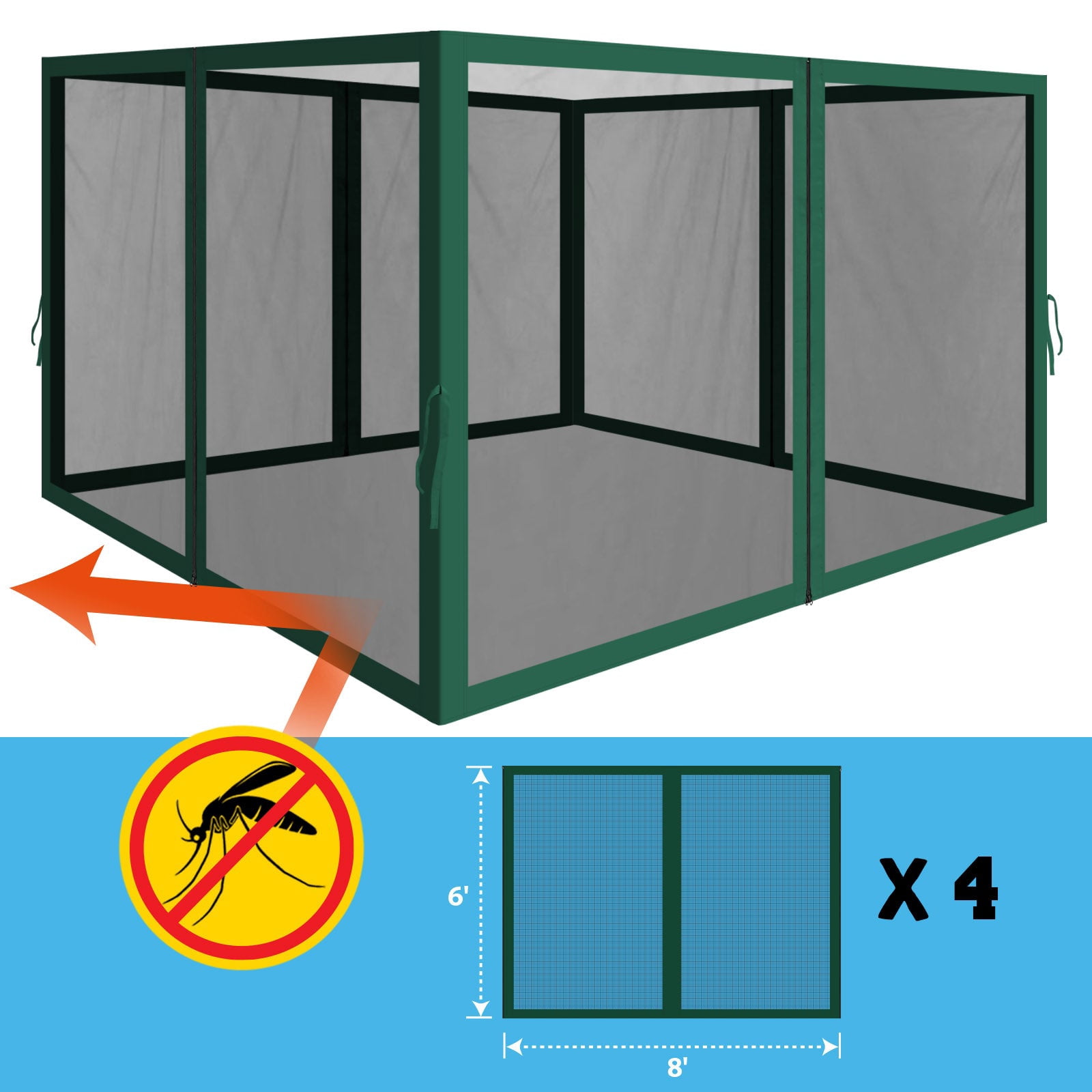 ALUVIERA Canopy Replacement Sidewalls Mosquito Netting Screen Walls for Gazebo Size 8x8 FT, 4 Pack,(8'Wx6'H,Green)