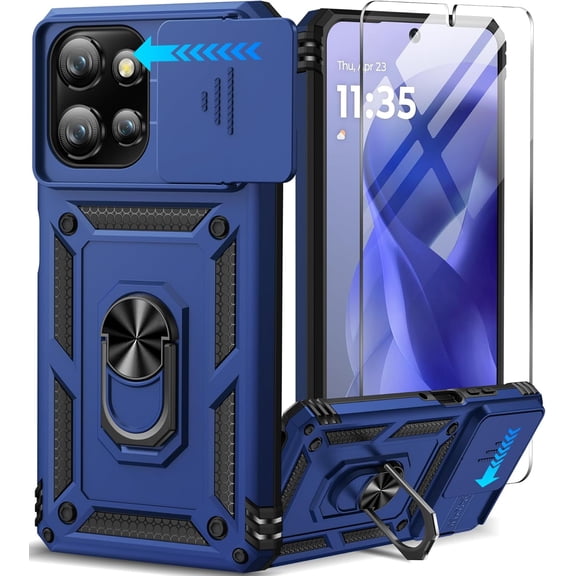 HCTian for Motorola Moto G Power 2025 Case with Screen Protector & Slide Camera Lens Cover, Built-in Ring Stand Protective Cover for Motorola Moto G Power 5G 2025 Case